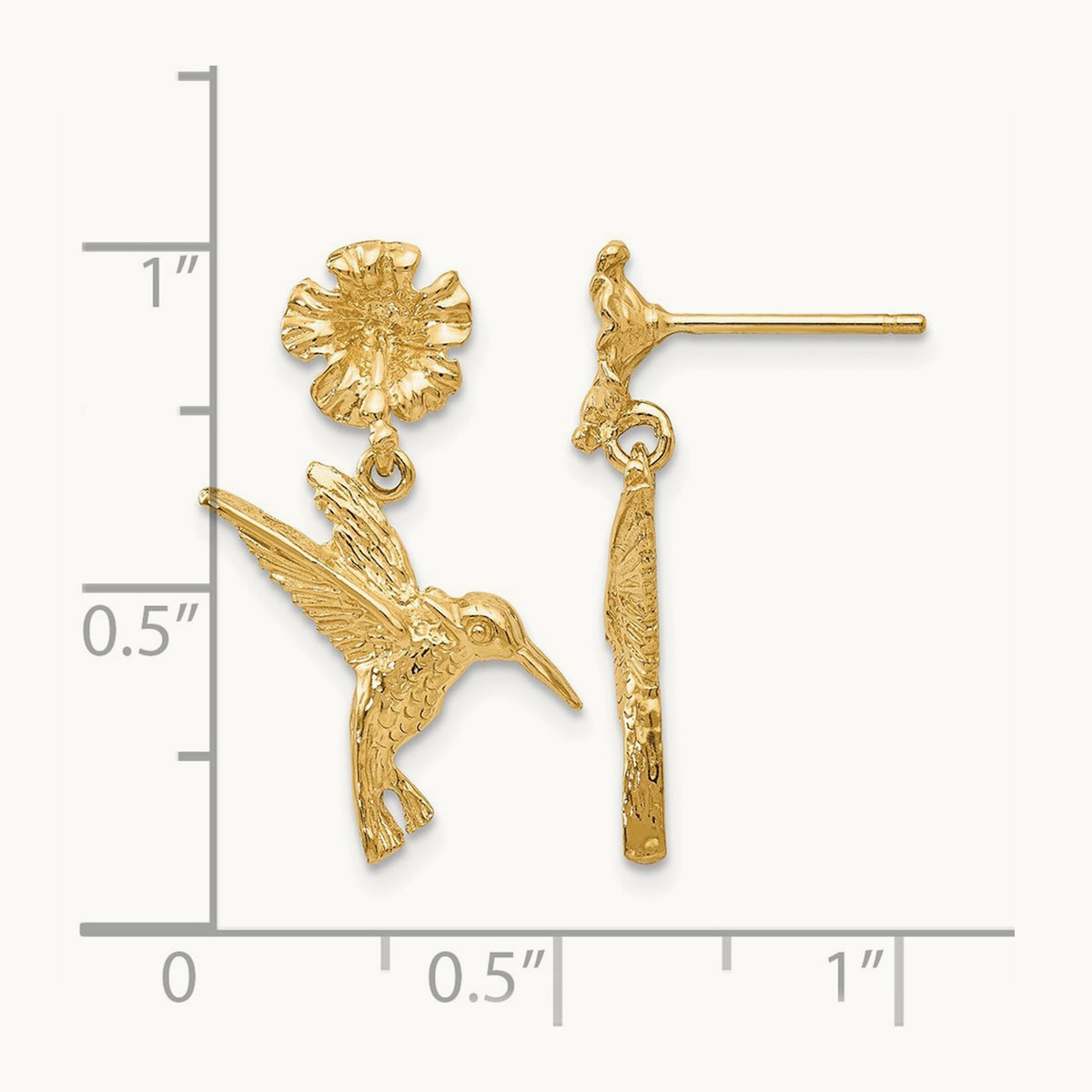 Hummingbird Dangles from Flower Post Earrings, 14K