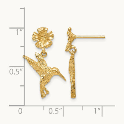 Hummingbird Dangles from Flower Post Earrings, 14K