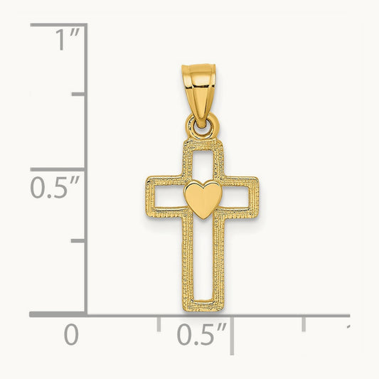 Cut-Out Cross w/ Heart Charm, 14K