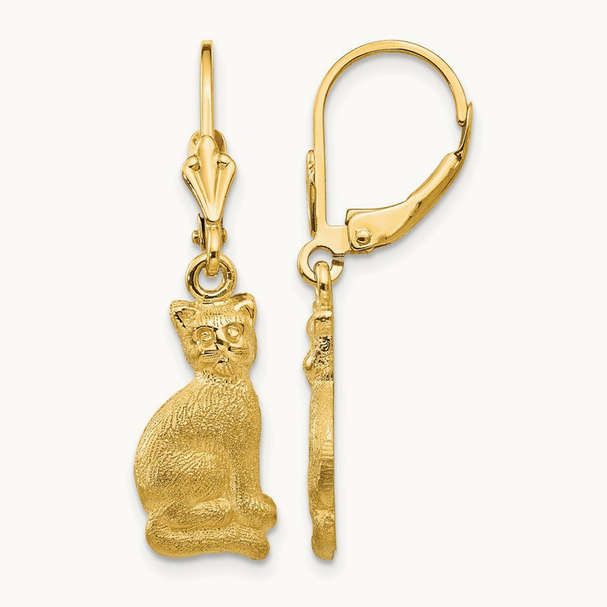 Satin Cat Dangle Leverback Earrings, 14K