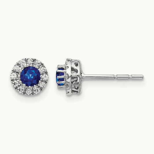Diamond and Blue Sapphire Halo Post Earrings, 14K White Gold