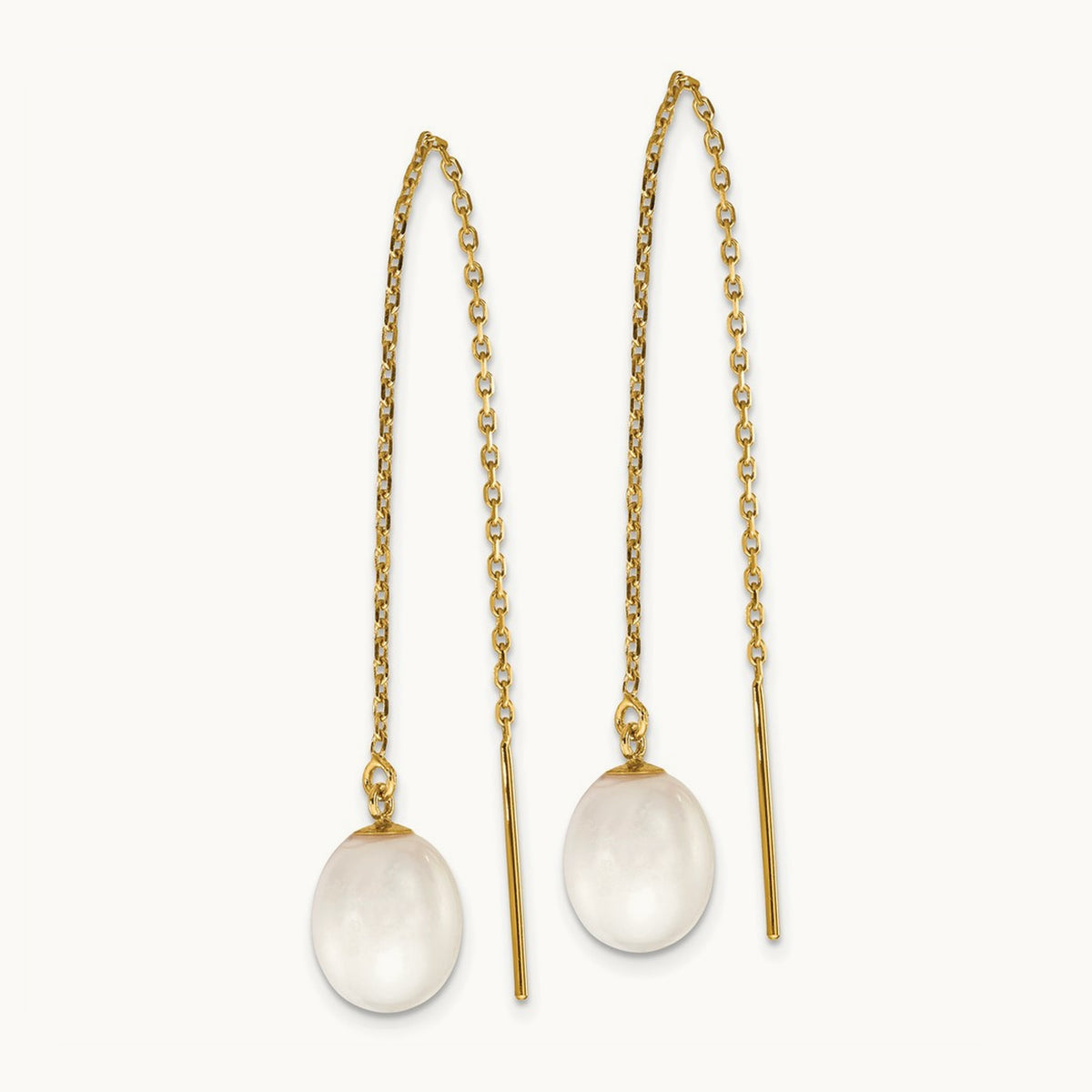 7- White Rice FW Cultured Pearl Cable Chain Threader Earrings, 8mm, 14K