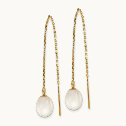 7- White Rice FW Cultured Pearl Cable Chain Threader Earrings, 8mm, 14K