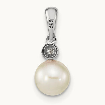 6- Round White Saltwater Akoya Pearl .05ct. Dia. Pendant, 7mm, 14K White Gold