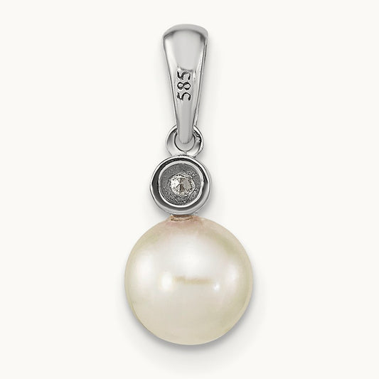 6- Round White Saltwater Akoya Pearl .05ct. Dia. Pendant, 7mm, 14K White Gold