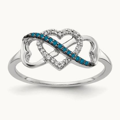 Blue and White Diamond Infinity and Heart Ring, 14K White Gold