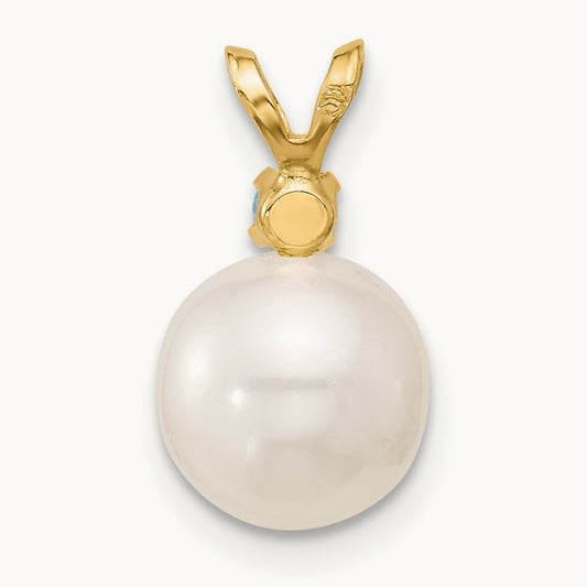 Blue Topaz 8- White Round FWC Pearl Pendant, 8.5mm, 14K