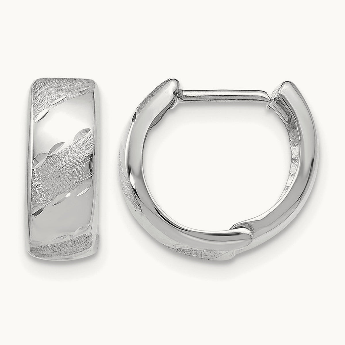 Polished and Satin Hinged Hoop Earrings — 14K White Gold