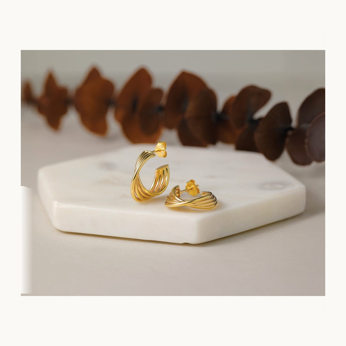 Polished 3-Row Twist J-Hoop Post Earrings — 10K Yellow Gold