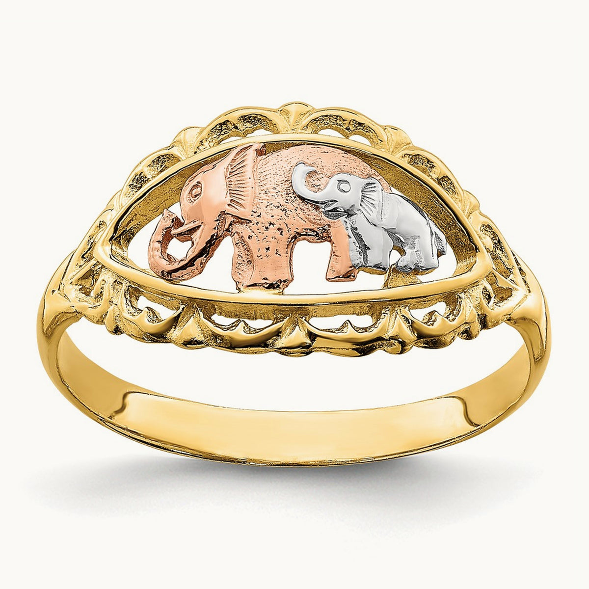 w/White Rhodium Two Elephants Ring, 14K Two-tone