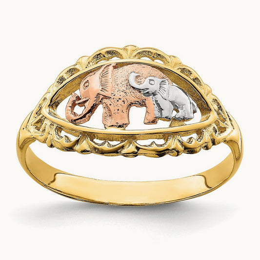 w/White Rhodium Two Elephants Ring, 14K Two-tone