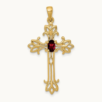 5x3mm Oval Garnet cross pendant, 14K