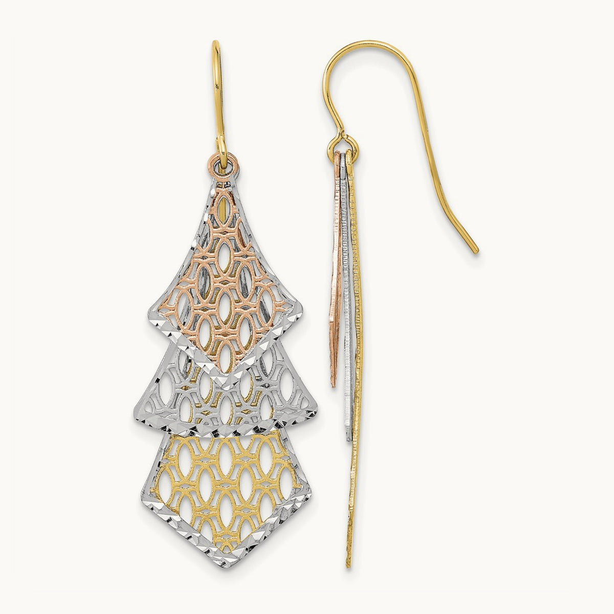 Tri-color D/C Polished Filigree Dangle Earrings, 14K