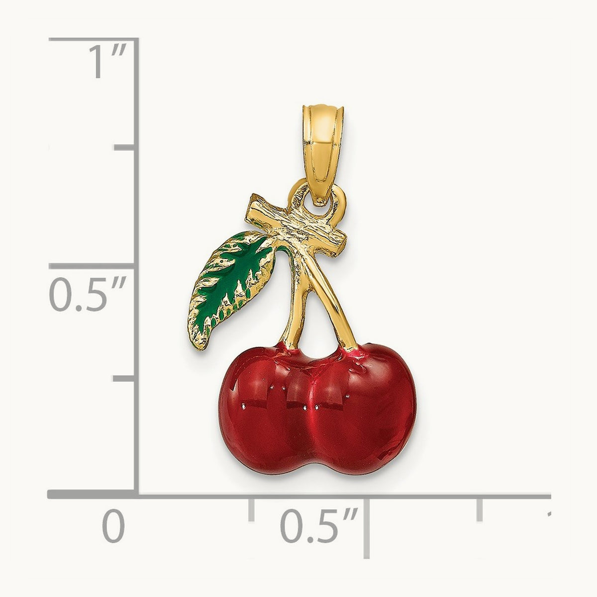 3-D Enamel Cherries W/ Leaf Charm, 14K