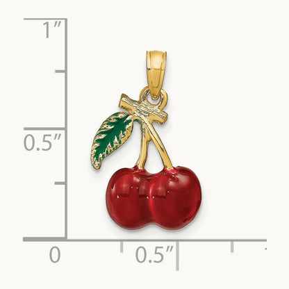 3-D Enamel Cherries W/ Leaf Charm, 14K