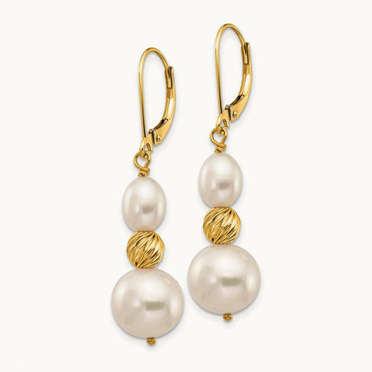 6- White Freshwater Cultured Pearl D/C Bead Leverback Earrings, 10mm, 14K