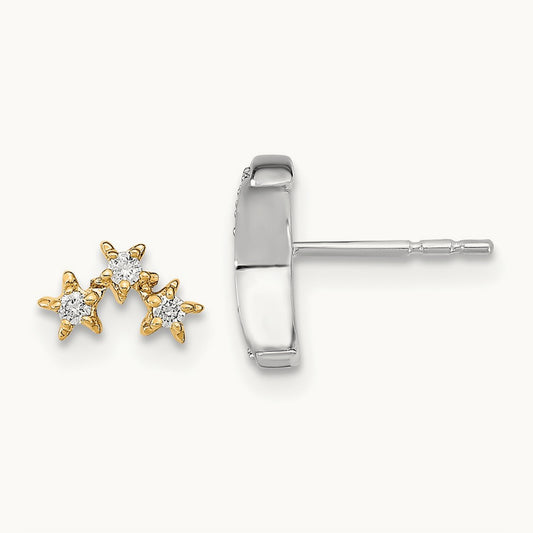 Moon and 3-Stars Diamond Mis-match Post Earrings, 14K Two-tone