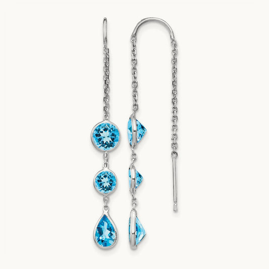 Blue Topaz Dangle U Wire Earrings, 14K White Gold