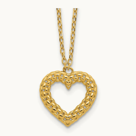 Polished Textured Heart 18 in Necklace, 14K