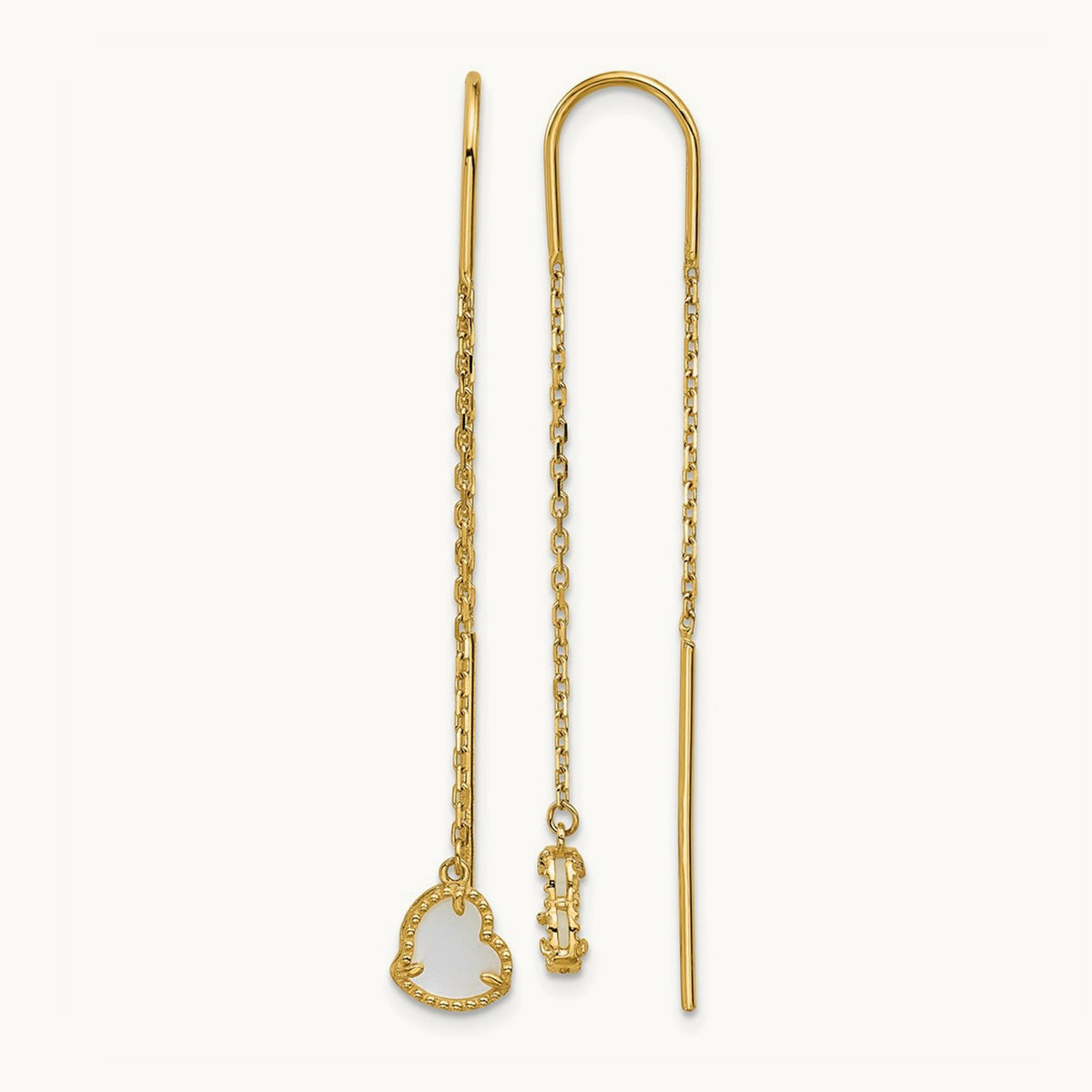 Polished Mother of Pearl Heart Cable Chain Threader Earrings, 14K