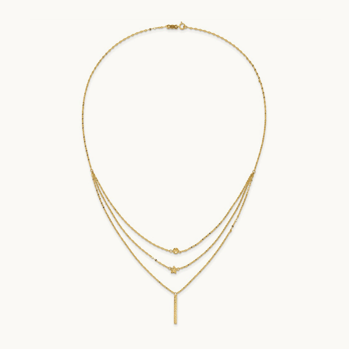 Three Layer D/C Bead/Star/Bar Necklace, 14K