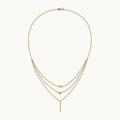 Three Layer D/C Bead/Star/Bar Necklace, 14K