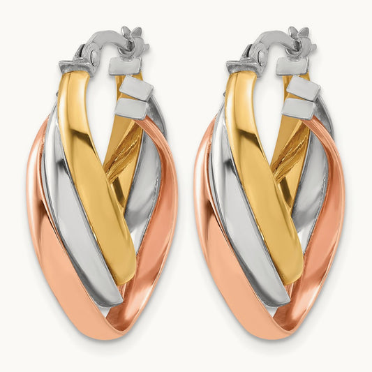 w/ White Rhod & Rose Gold-plating Polished Twist Hoop Earrings, 14K — Leslie's