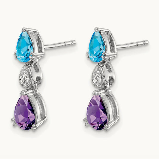 Blue Topaz/Amethyst/Diamond Earrings, 14K White Gold