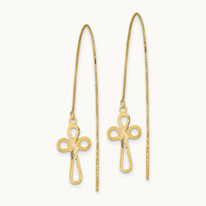 Polished Diamond-cut Box Chain with Cross Threader Earrings — 14K Yellow Gold