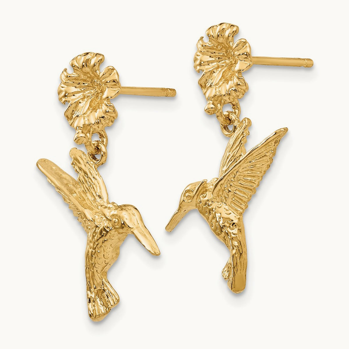 Hummingbird Dangles from Flower Post Earrings, 14K