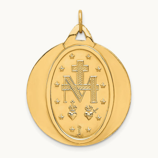 Solid Polished/Satin Extra Large Round Miraculous Medal, 14K