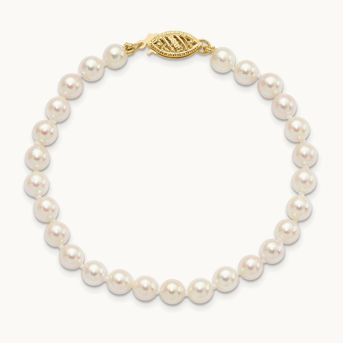 5- Round White Saltwater Akoya Cultured Pearl Bracelet, 6mm, 14K