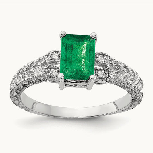 7x5mm Emerald Cut Emerald Diamond Ring — 14K White Gold