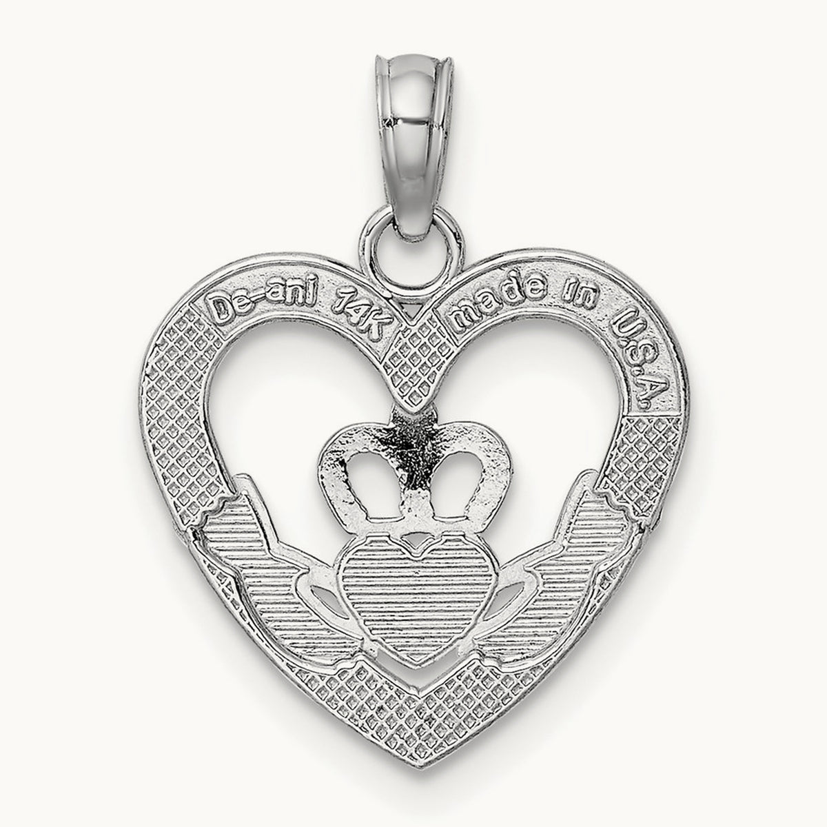 Polished/Textured Heart Claddagh Charm, 14K White Gold