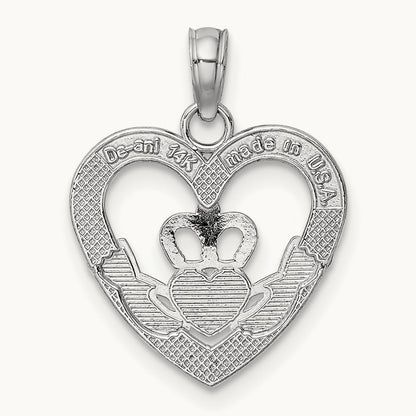 Polished/Textured Heart Claddagh Charm, 14K White Gold