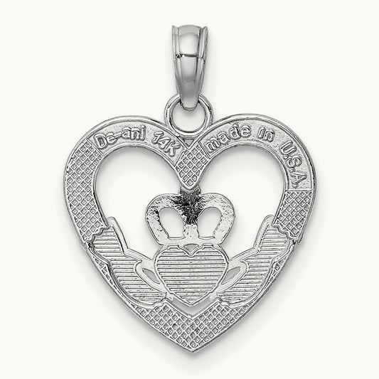 Polished/Textured Heart Claddagh Charm, 14K White Gold