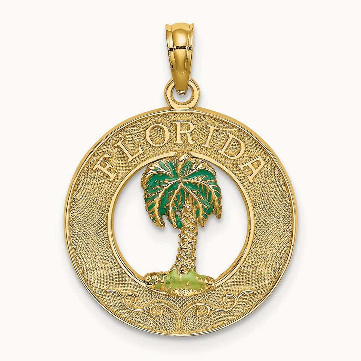 FLORIDA Enamel Palm Tree Circle Charm, 14K