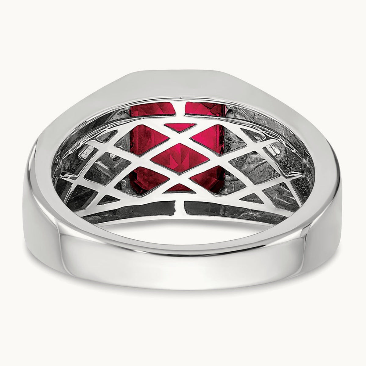 Emerald-cut Created Ruby and Lab-Grown Diamond Men's Ring — 14K White Gold, 10