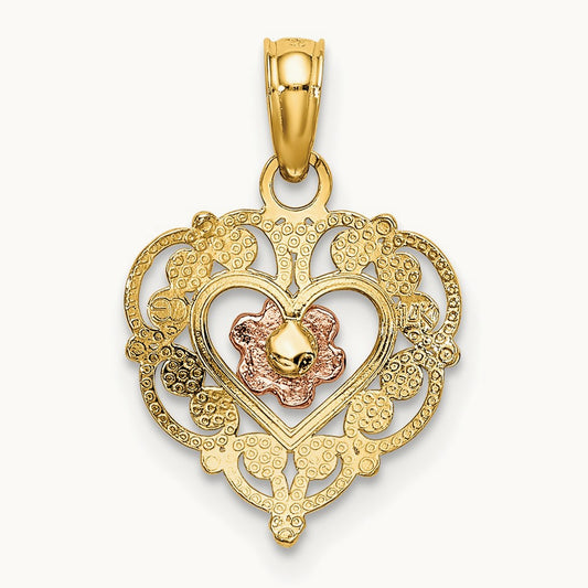 Polished Flower in Fancy Border Heart Pendant, 14K Two-tone