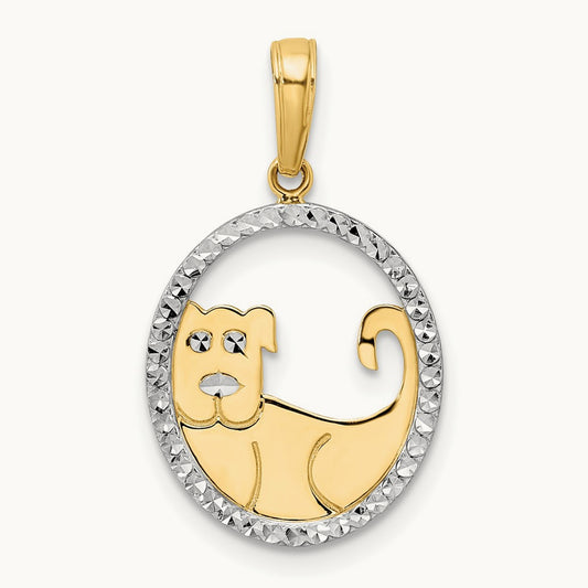 Diamond-cut Dog in Oval Pendant, 14K with White Rhodium