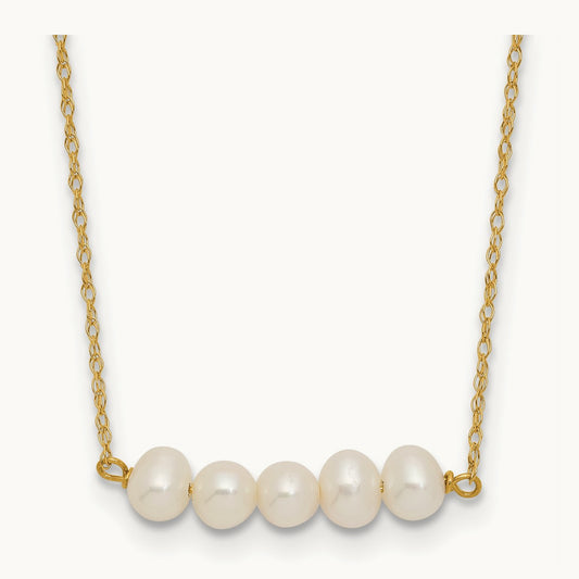 4- Semi-Round White FWC 5 Pearl Bar 19.5in Necklace, 5mm, 14K