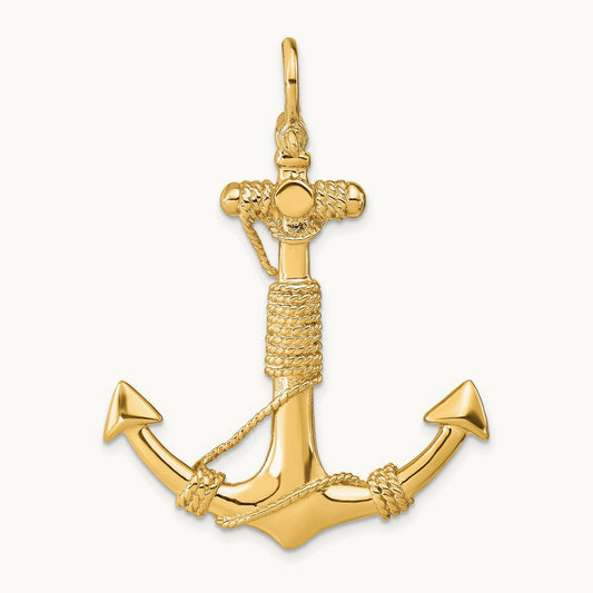 3-D Solid Anchor with Rope w/ Shackle Bail Pendant, 14K