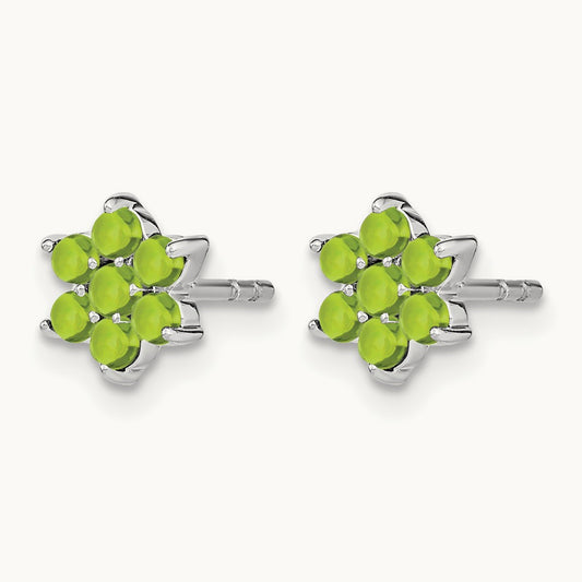 Peridot Floral Post Earrings, 14K White Gold