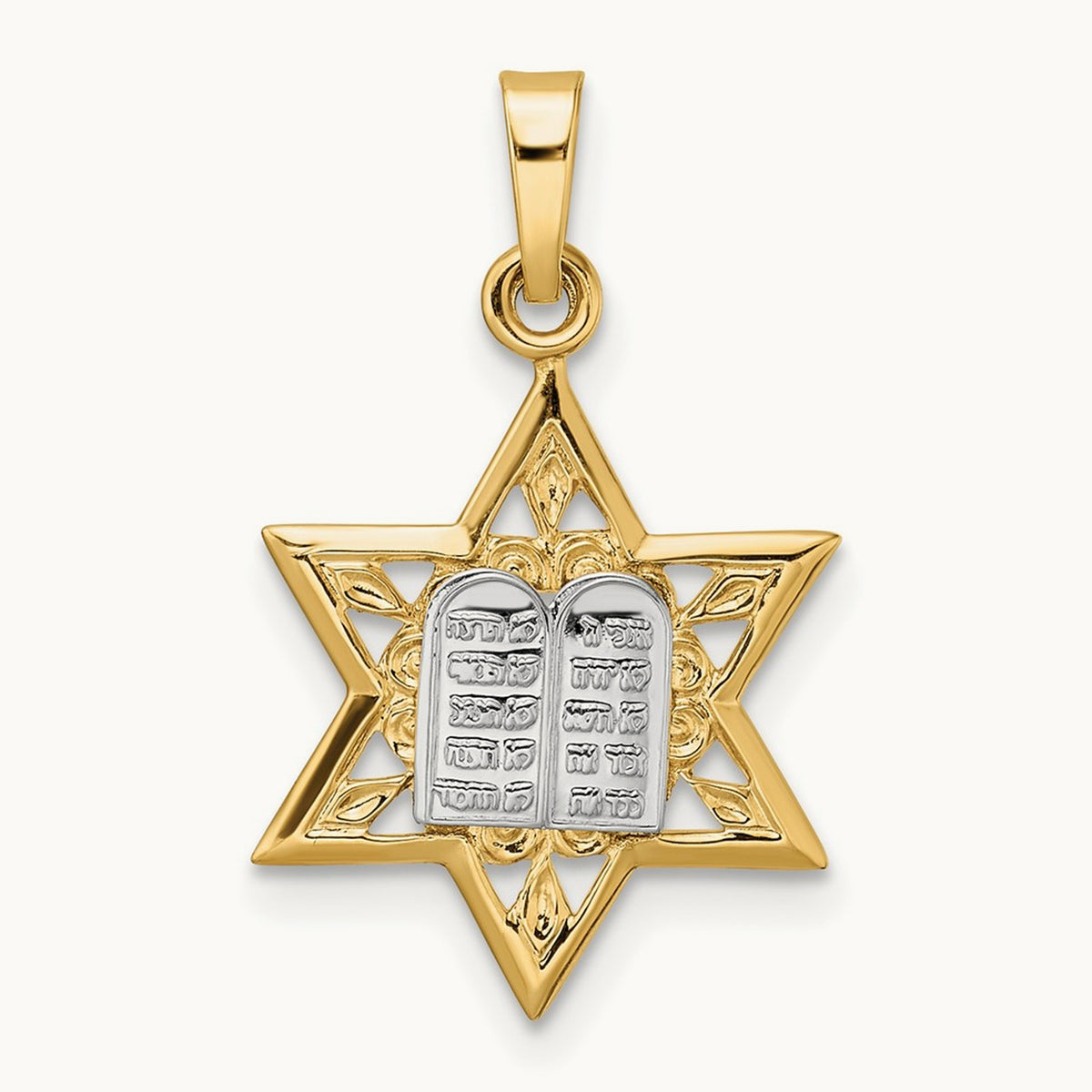 Polished Solid Star and Torah Pendant, 14K Two-tone