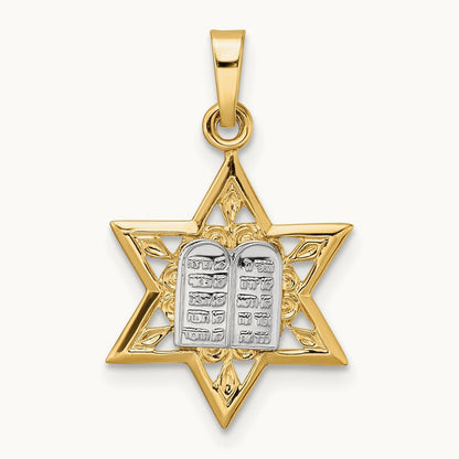 Polished Solid Star and Torah Pendant, 14K Two-tone
