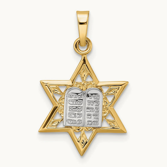 Polished Solid Star and Torah Pendant, 14K Two-tone