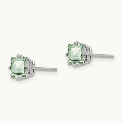 Square Checker-Cut Green Quartz Earrings, 5mm, 14K White Gold