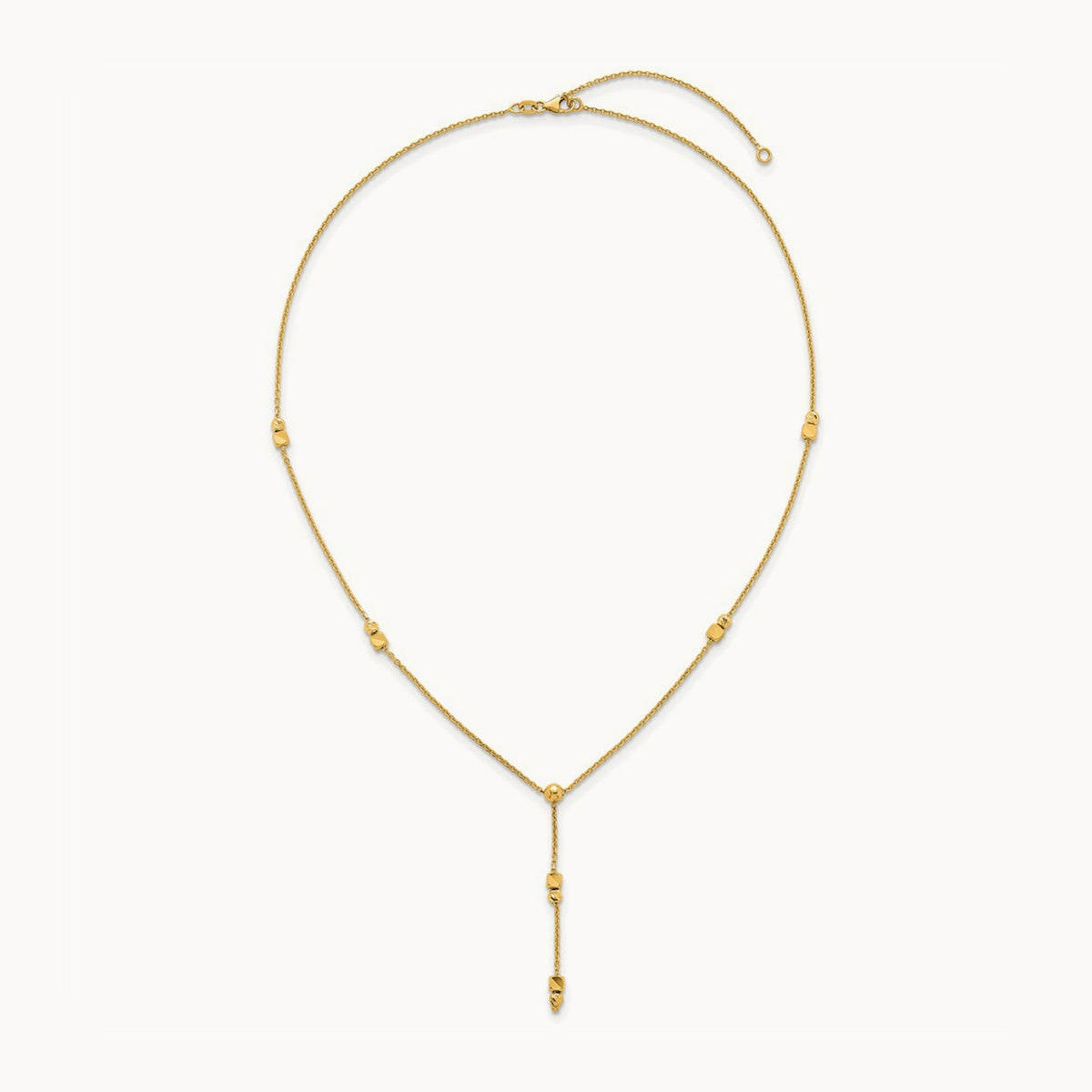 Polished Diamond-cut & Beaded Lariat 16in w/2in Ext Necklace, 14K