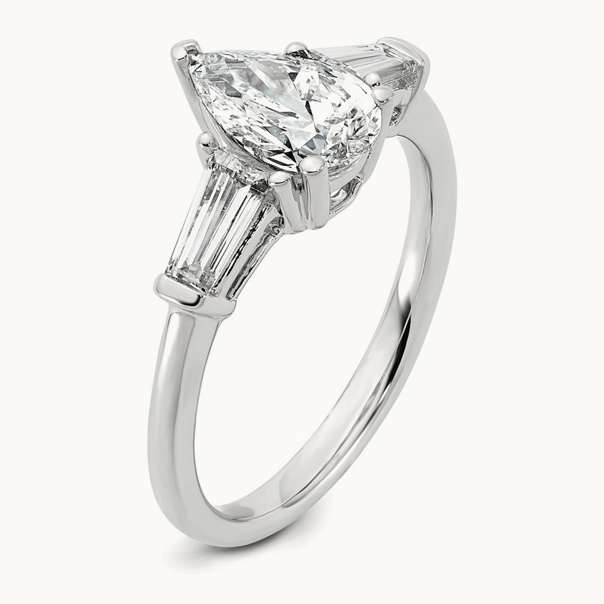 Pear/Baguette Engagement Ring — 14K White Gold, 1 1/2 ct, 7