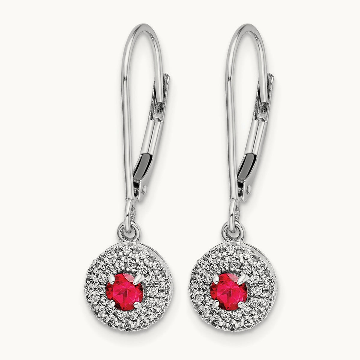 Diamond Halo Ruby Leverback Dangle Earrings, 14K White Gold